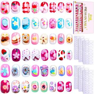 FANDAMEI Girls Press on Nails, 6 Styles 144PCS Press on Nails for Kids, Nails for Little Girls, Kids Fake Nail Ste with 3D Nail Charms and Gems, Adhesive Tabs