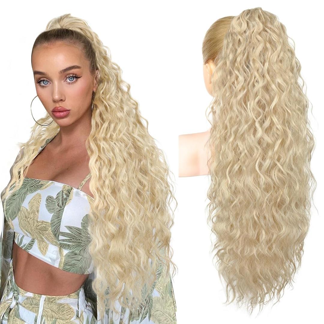 REECHO Ponytail Extension 30" Long Claw Clip Ponytail Extension Curly Wavy Pony Tails Hair Extensions Clip in Synthetic Hairpiece for Women, Medium Blonde