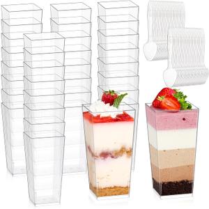 Mwellewm 240 Pcs Dessert Cups with Spoons 120 Pcs 3 OZ Mini Clear Plastic Desert Parfait Cup 120 Pc Spoons for Party Small Square Serving Wine Shot Disposable Fruit Ice Cream Mousse Appetizer Bowl