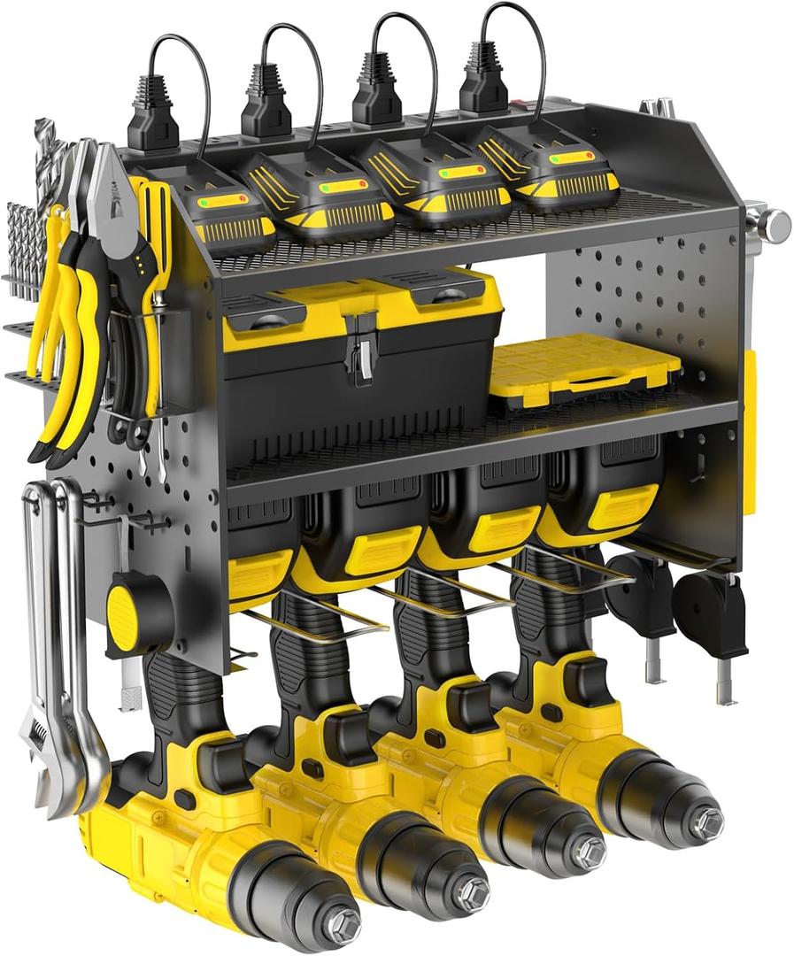 Power Tool Organizer Wall Mount with Charging Station, Drill Holder, Adjustable Layers, Heavy Duty Garage Tool Organizer Storage with 8 Outlet Power Strip, Christmas Gifts for Men, Dad, Husband