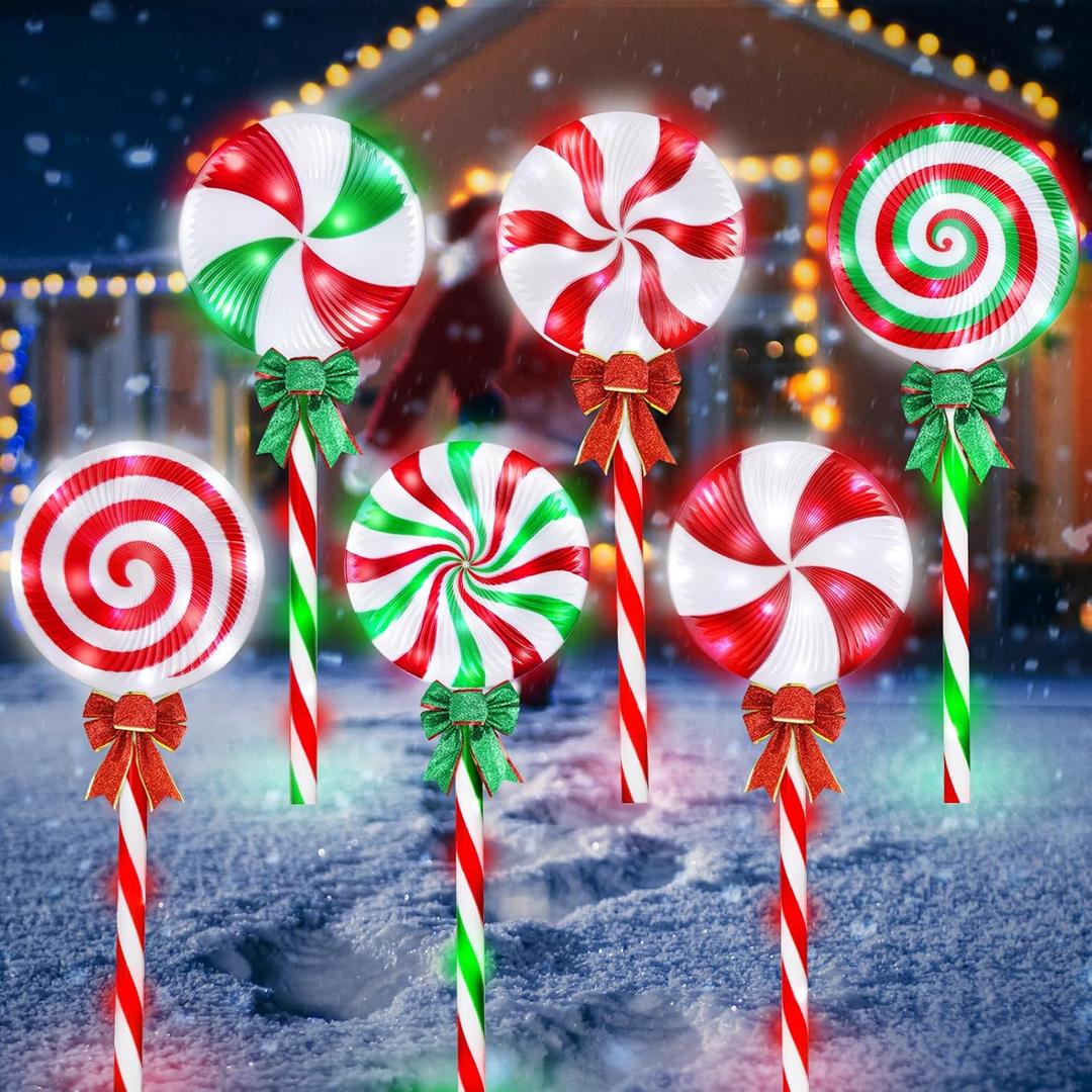 Lollipop Christmas Pathway Lights Outdoor, 28 Inch 8 Light Modes Pathway Christmas Lights with Bow, Waterpoor Outdoor Candy Cane Pathway Lights, Xmas Decoration for Walkway, Yard (6PCS-Multicolor)