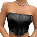 WDIRARA Women's PU Leather Strapless Party Club Tube Tops Sleeveless Bandeau Crop Top (Medium, Black)