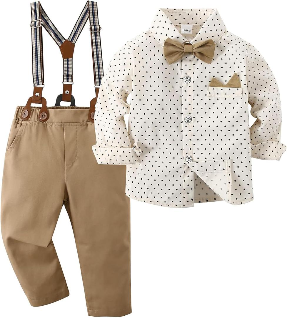Boarnseorl Baby Boys Gentleman Outfits Pants Sets, Infant Long Sleeve Shirt + Pants + Bow Tie + Suspenders, 6-7T