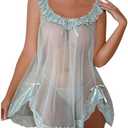 OYOANGLE Women's 2 Piece Mesh Sheer Floral Lace Babydoll Slip Dress Nightgowns and Thong Lingerie Set XL