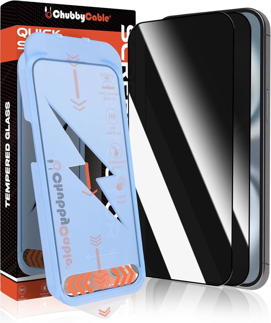 chubbycable 2PCS ChubbyShield Ultra for iPhone 15 Pro Max Privacy Screen Protector, Anti-spy Screen Protector Privacy Glass with Ultra-easy Install Box, Auto Dust-Elimination & Bubble Free