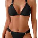 TASHEHE Women's Triangle Ruched Bikini Set Sexy Two Piece Swimsuit Halter Sliding Rings Bathing Suit (Black, L)