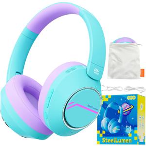 Steellumen Nova1Pro Active Noise Cancelling Headphones for Kids, 3-Level Safe Volume 75/85/94dB, ANC Safe Wireless Listen, Fast Charging, Bluetooth 5.4 with Mic, boy Girl for School, Travel & Airplane (Green)