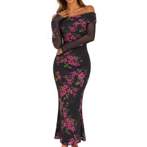 MEROKEETY Women's Fall Off Shoulder Floral Maxi Dresses 2026 Long Sleeve Formal Bodycon Cocktail Wedding Guest Dress L