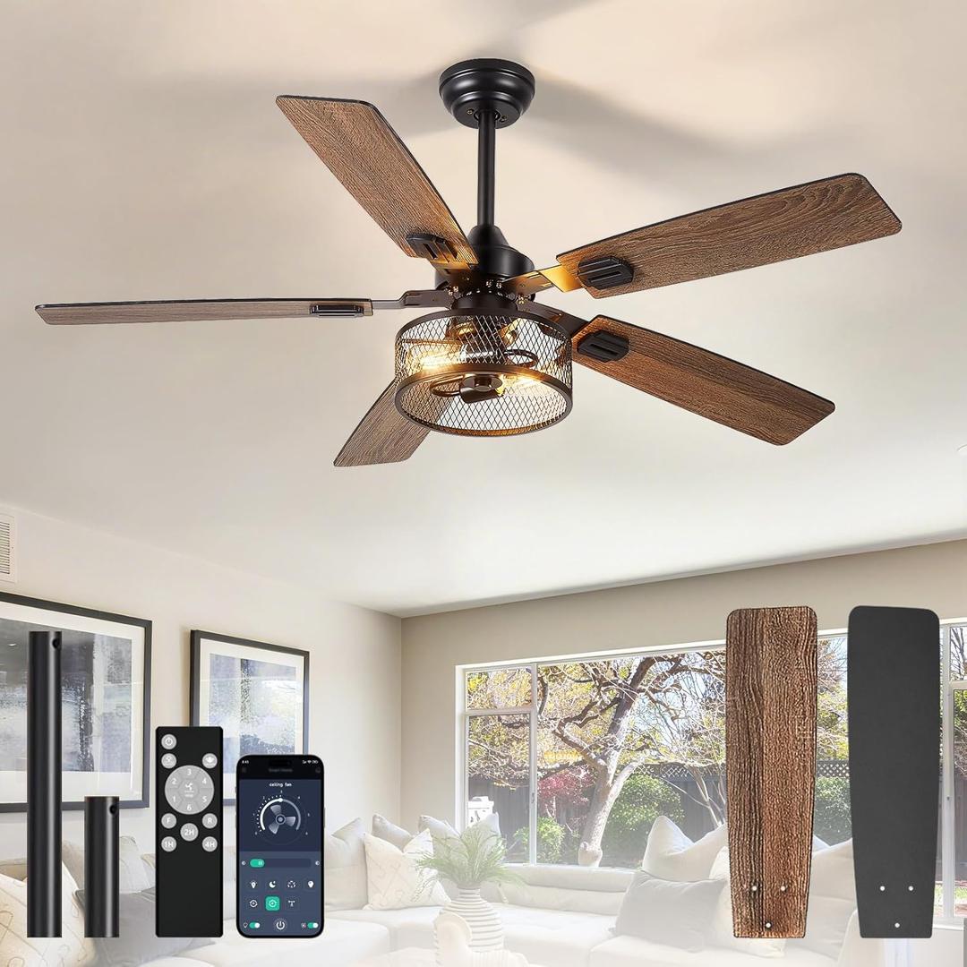 DINGLILIGHTING Bedroom Ceiling Fan with Light: 52 Inch Ceiling Fan Dual-Sided 5 Blade 6 Speed Reversible - Modern Farmhouse Fans with Remote and App for Bedroom Living Room Outdoor Porch, Black Walnut