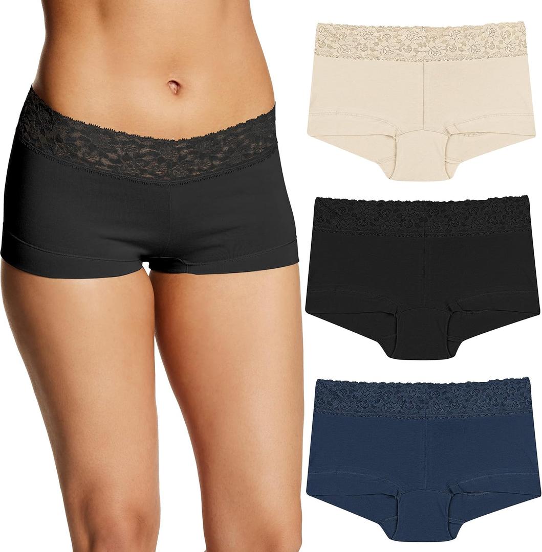 Maidenform Women's Underwear Boy Shorts Pack, 3-Pack, Stretch Cotton Underwear Women Pack, Comfy Boy short Panties for Women (Latte Lift/Black/Navy) M