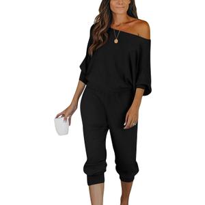 PRETTYGARDEN Two Piece Sets for Women 2026 Casual Ribbed Knit Off Shoulder Tops Lounge Pants Fall Tracksuits Winter Clothes (Large, Black)