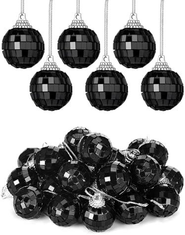 BBTO 24 Pieces Mini Disco Balls Hanging Mirror Disco Balls Party Decor Ornaments Reflective Mirror Ball Cake Decoration with Rope Christmas Tree Wedding Dance Music Decor(Black,1.18 Inch)