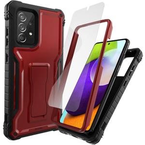 for Samsung Galaxy A52 5G Case, Military Grade Protection Shockproof Case with Tempered Glass HD Screen Protector and Kickstand Compatible with Galaxy A52 Phone 6.5 Inch (Red)