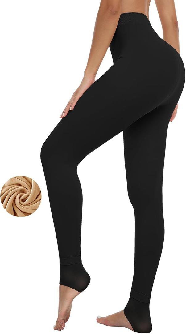 2 x DOCUMO Fleece Lined Tights for Women Thermal Pantyhose Winter Warm Fake Translucent Tights High Waisted Thick Leggings (Black)