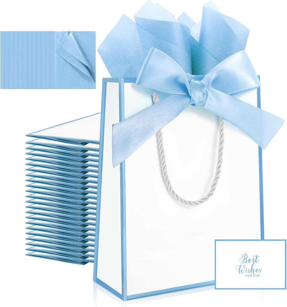 Ethhqu 12 Pack Small Gift Bags with Handles Include Tissue Papers & Cards, 9x7x3.15'' Thank You Gift Bags for Birthday, Baby Shower, Wedding, Bridesmaids, Anniversary, Mothers Day (White and Blue)