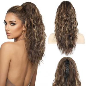 ZQIAN BEAUTY 18 Inch Claw Clip Ponytail Extension, Wavy Pony Tails Hair Extensions, Synthetic Hair Extensions Ponytail, Clip On Ponytails for Women (Color: Chestnut Brown with Blonde Highlights)