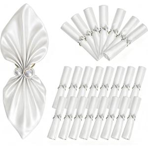 Cloth Napkins and Rings Set of 24, 48Pcs White Washable Square Satin Napkins with Pearl Ring Holder, Smooth Table Decor for Fall, Cocktail, Dinner, Wedding, Party, Christmas and Halloween