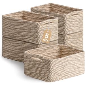 5 Pack Decorative Small Storage Baskets for Shelves, Cotton Rope Woven Basket for Organizing Bathroom, Nursery, Closet, Cabinet, Toys & Socks, Gift Baskets Empty, 11.8"x7.9"x4.7", Khaki