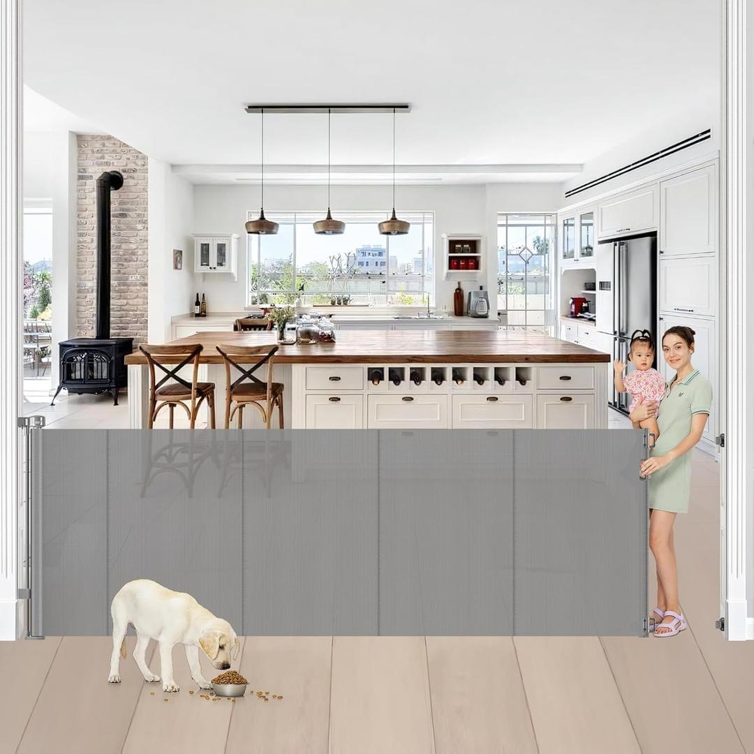 Reinforced 42” Tall x 100” Wide Retractable Baby Gates Extra Tall Dog Gate with Rods to Prevent Crawling Through, Pet Gate for Large Openings Extra Wide Mesh Baby Gate for Stairs, Gray