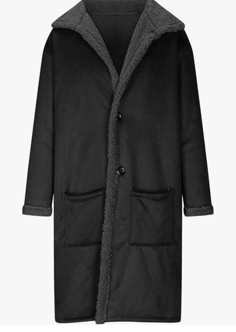 Winter Long Fleece Jacket for Mens Sherpa Fleece Lined Coat Casual Thicken Warmth Sherpa Outerwear with Pockets, 2 XL