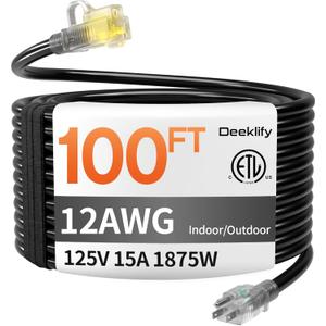 12 Gauge 100 FT Heavy Duty Outdoor Extension Cord Waterproof with Lighted End,Black 12 Gauge Extension Cord Flexible and Cold Resistant 3 Prong Grounded Plug,15Amp 1875W SJTW ETL Listed