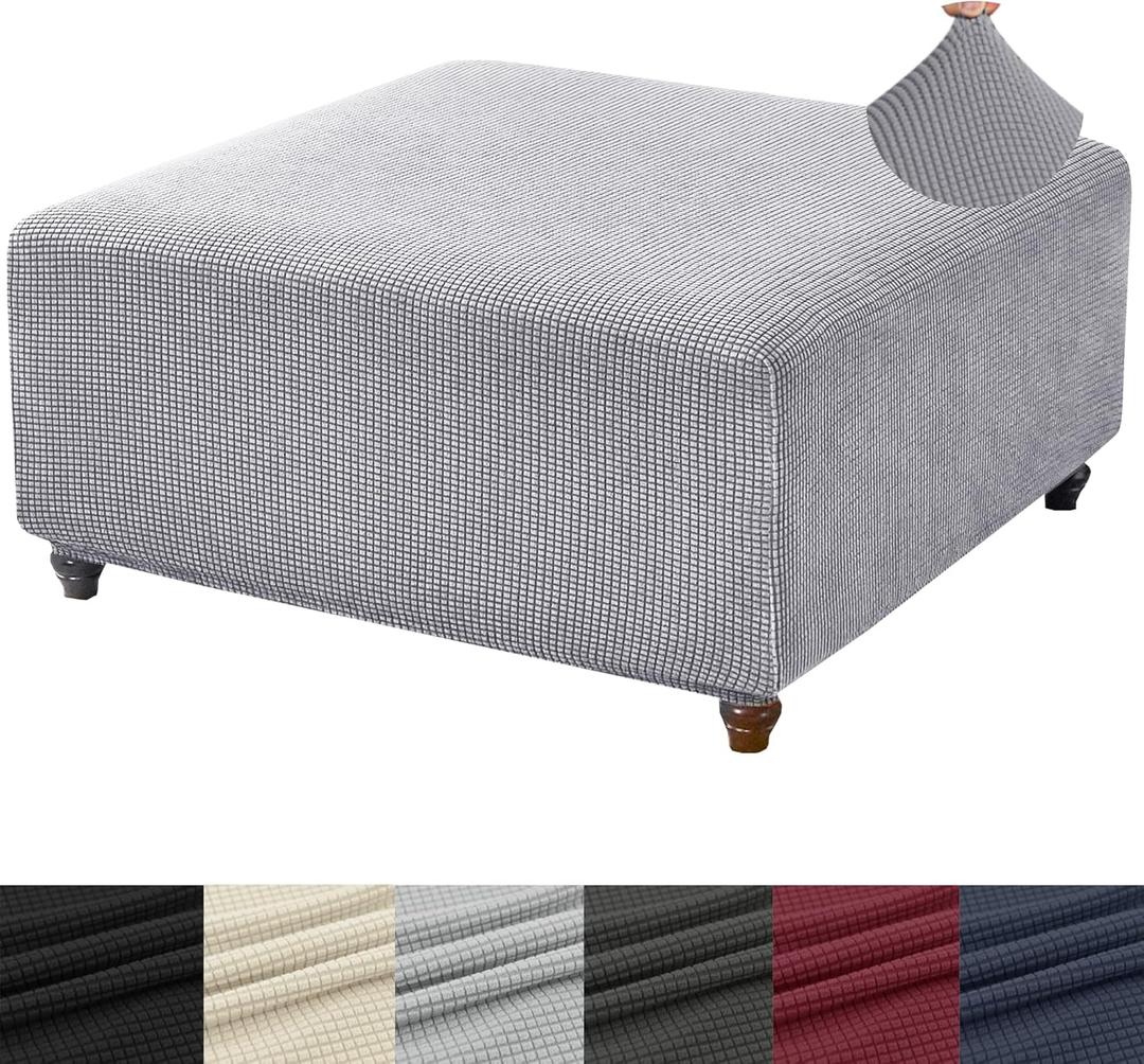 ANWUCHEN Ottoman Cover - Stretch Knitted Jacquard Square Slipcover - Soft Thick Storage Foot Stool Cover X-Large Light Gray