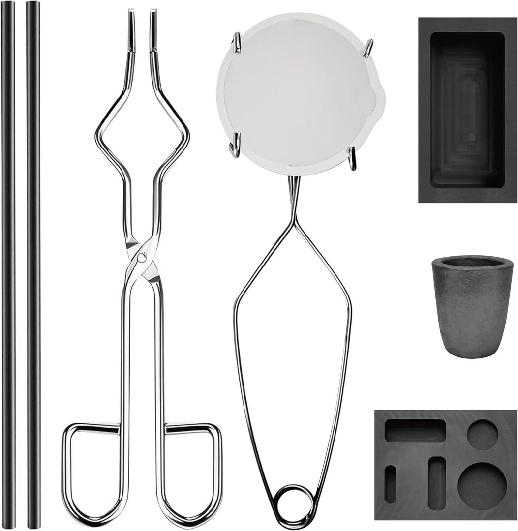 Nelyrho 8-in-1 Metal Casting Kit Graphite Crucible, Graphite Ingot Molds, 2 Stir Rods, Quartz Cup & Tongs Complete Set for Melting Gold, Silver, Aluminum, Brass