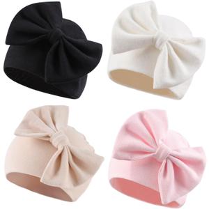 Bamery Newborn Baby Girl Hat Cotton Baby Bow Beanie Preemie Hats Spring Infant Hats for Girls 0-12 Months 4pack-e