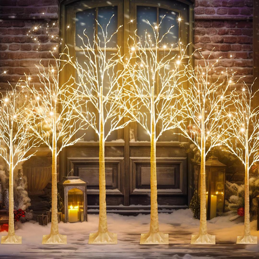 6 Pcs 4ft 5ft 6ft Lighted Birch Tree 8 Modes Christmas Artificial LED Warm White Lights Birch Tree for Indoor and Outdoor Home Decor Thanksgiving Holiday Decoration