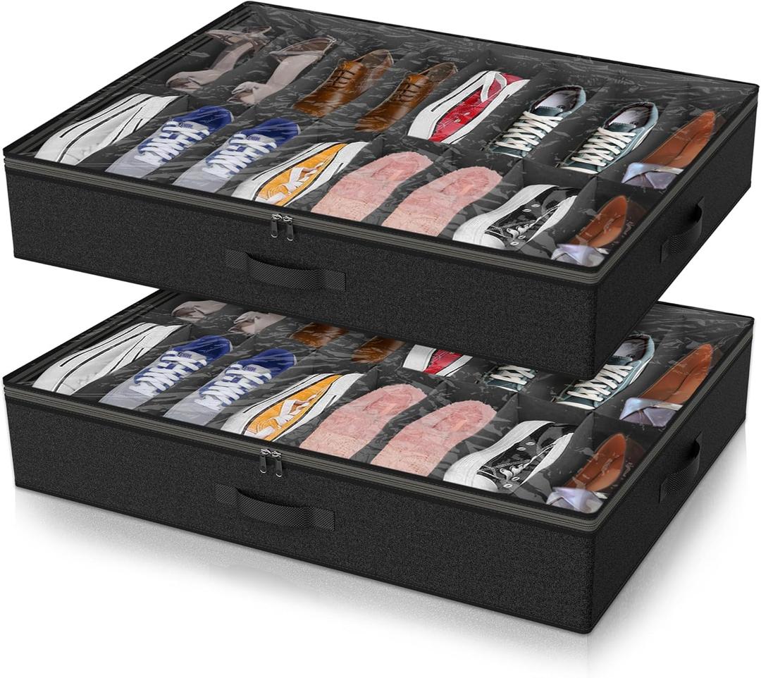 Under Bed Shoe Storage Organizer for Closet, Fits 32 Pairs Underbed Shoes Box Storage Containers Under the Bed Storage Foldable with Sturdy Handles&Clear Window for College Dorms Black, Set of 2 (2 Shoes (16+16 Cells) Linen-like Black)