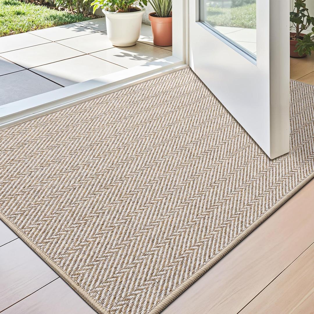 LUMI Ultra Thin Indoor Door Mat for Entrance 24"x36", Non Slip Entryway Mat, Low Profile Doormat, Unique Herringbone Design Carpet for Inside, Patio, Porch, Beige