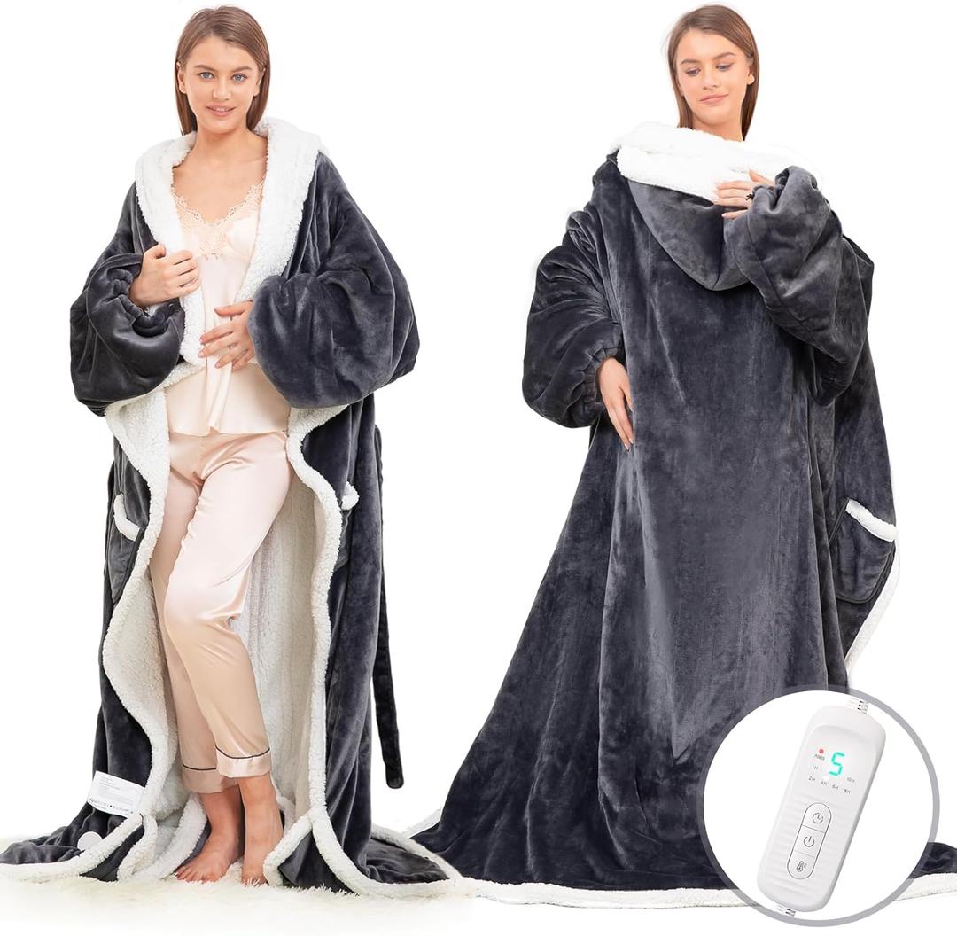 Wearable Heated Blanket with Foot Pocket, Electric Wearable Throw Blanket with Sleeves, Hood, Portable Heated Blanket with 8 Heat Levels, 1-10H Auto-off Settings, Gift for Family, Friends, 50*83"