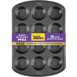 Wilton Gold Non-Stick 12 -Cup Muffin Pan, Stainless Steel Bakeware, Made without PFAS, 10.5 x 15 x 1.4 in