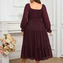 SCOMCHIC Women's Plus Size Dress Long Sleeve Square Neck Swiss Dot Chiffon Smocked A Line Ruffle Cocktail Maxi Dresses (XXXL)