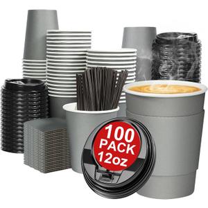 100 Pack 12 oz Disposable Paper Coffee Cups with Lids and Sleeves and Stirring Sticks, Leak-free Disposable Insulated Paper Cups for To Go Hot or Cold Beverages(Gray)