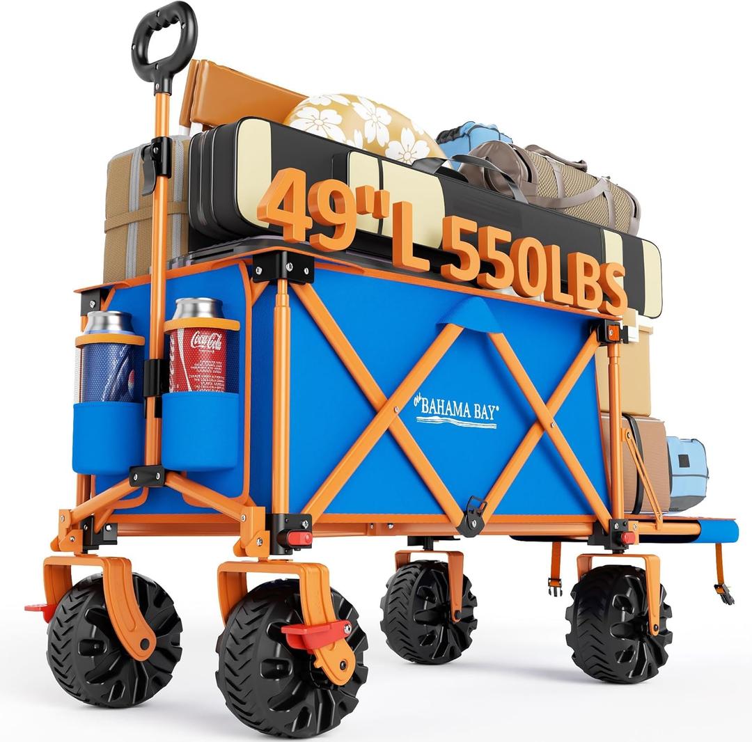 Old Bahama Bay 49" L Extra Long Beach Wagon with Tailgate,Big Wheels with Brake for Sand, Collapsible Utility Beach Cart Heavy Duty Folding Wagon,Ideal for Outdoor Sand Camping Garden Pet