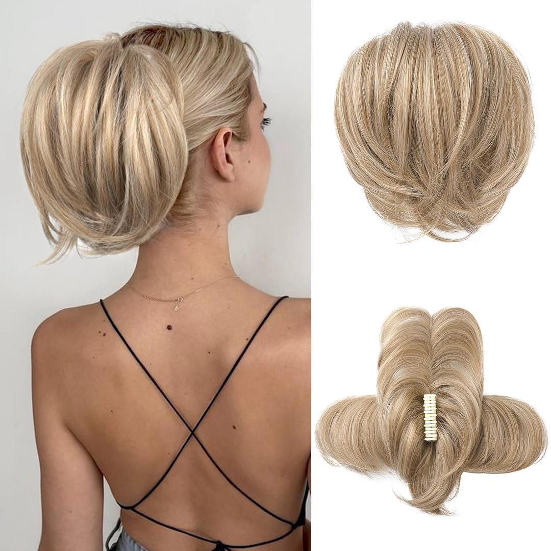 HOOJIH Ponytail Extension, Claw Clip in Straight Messy Hair Bun 9 Inch Short Ponytail Extension with Bendable Metal Wire Hair Pieces for Women Fake Hair Bun DIY Styles - Medium Golden Blonde