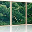 Framed 3Pcs Sage Green Japanese Forest Wall Art Ukiyoe Nature Mountain Canvas Poster Prints with Wood Frame Minimalist Zen Botanical Picture Painting for Living Room Bedroom Office Decor16x24Inch
