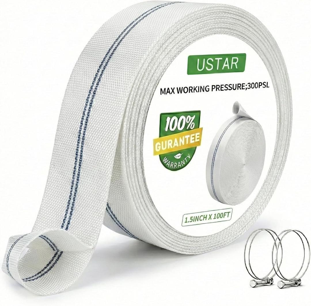 Pool Backwash Hose, 1.5" 100 FT Heavy Duty Discharge Hose with 2 Clamps, Fire Hose Anti-Kink Reinforced Polyester & PU Lining, Weather Resistant Sump Pump Hose for Pool, Construction,Irrigation