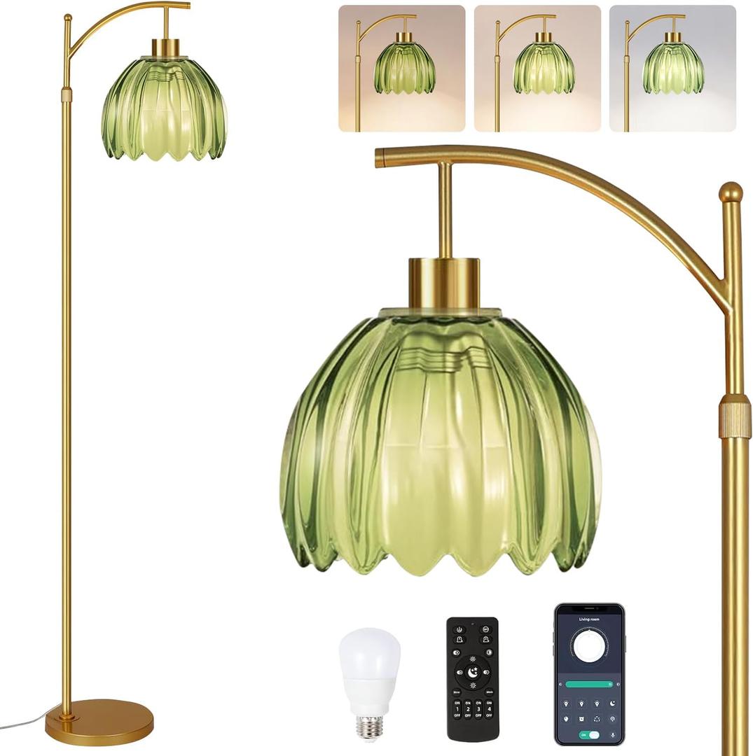 QIYIZM Green Floor Lamp for Living Room,Bedroom,Gold Dimmable Standing Lamp with Remote,Mid Century Modern Brass Tall Lamp Boho Floor Lamps Arc Stained Glass Flower Light Bohemian