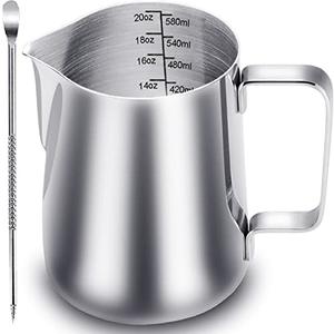 Dailyart Milk Frothing Pitcher 20 oz, Stainless Steel Espresso Steaming Pitcher with Decorating Pen for Coffee, Espresso Machines, Cappuccino, Latte Art A Silver