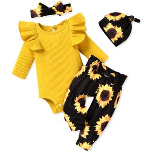 Unutiylo Preemie Newborn Baby Girls Clothes Ribbed Romper Bodysuit Pants Set Ruffle Spring Summer Outfits (6-12 Months, Yellow)