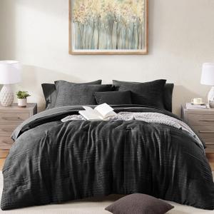 MaiRve Queen Comforter Set Black, Textured Design Crinkle Bedding Sets 7 Pieces, All Season Bed in A Bag with Comforter, Sheets, Pillowcases & Shams