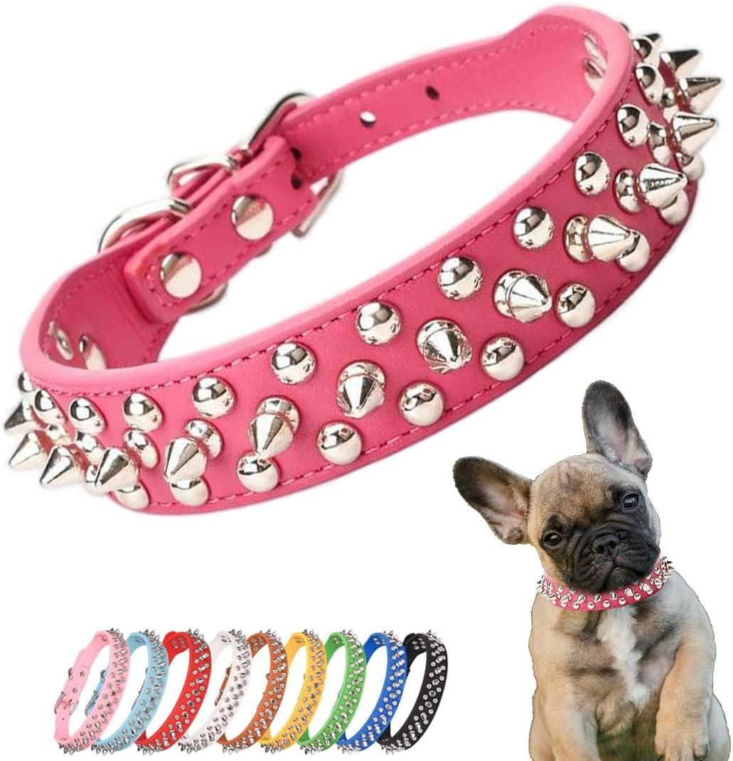 Hot Pink Dog Collar Spiked, Mushrooms Rivet Spike Dog Collar Anti-Bite Studded Protective Pet Neck Faux Leather Female Puppy Collars for XXS XS Small Medium Large Girl Dogs Goat, M, Hot Pink