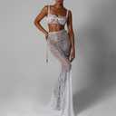 Women 2Pcs Lingerie Set Lace See-Through Sleeveless Camisoles High Waist Long Skirts with Chain Sleepwear (White, L)