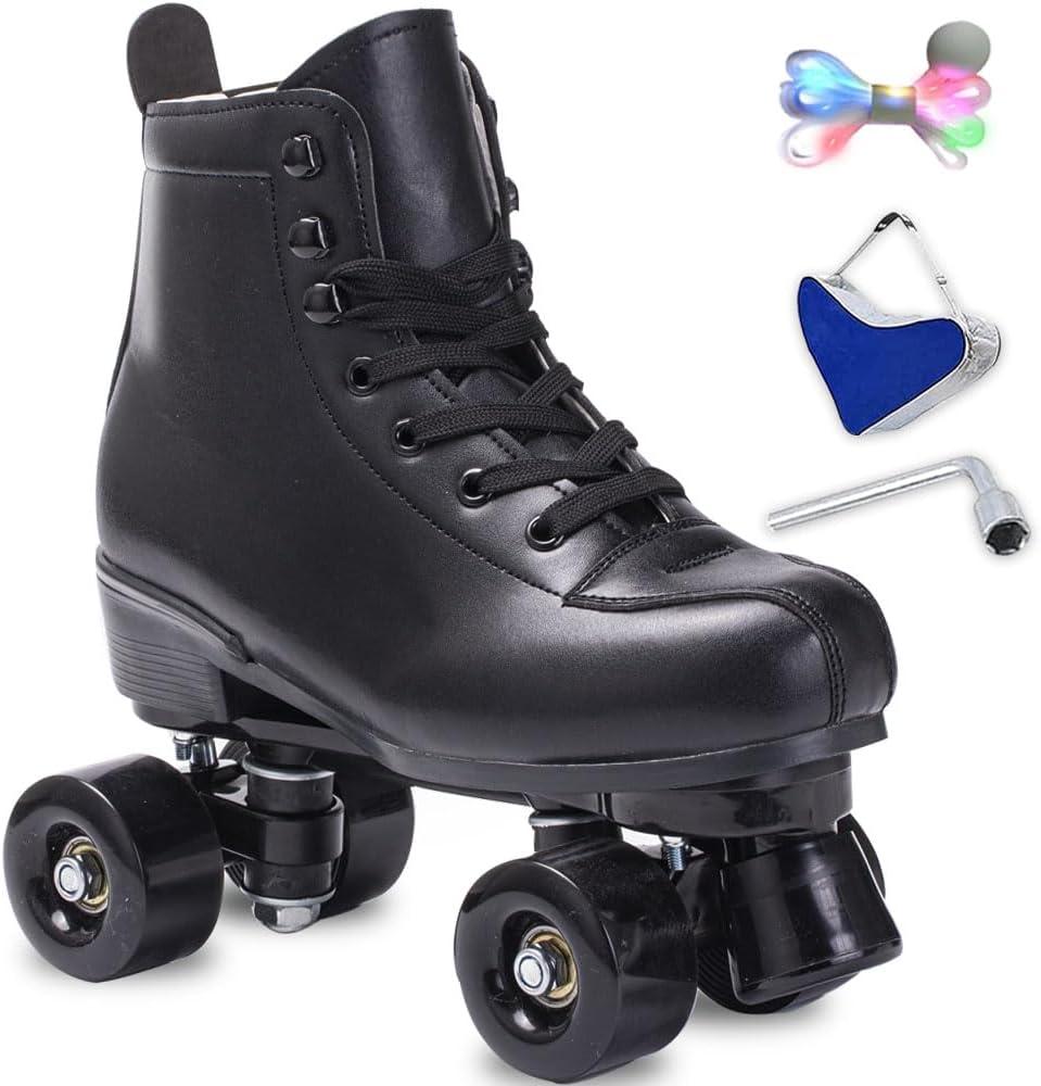 SCNUT Roller Skates Women Men High-Top PU Leather Roller Skates Classic Double-Row Roller Skates Outdoor Indoor Quad-Skates with Light up Shoe Laces (Black Wheel, 46-Women's 12 / Men's 11)