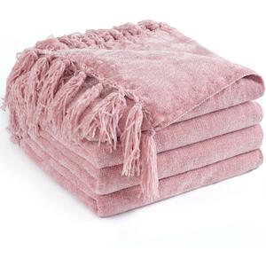 Chenille Throw Blanket for Couch 50"X 60", Soft Cozy Throws with Fringe Tassel for Bed Sofa Chair, Lightweight Knitted Decorative Farmhouse Boho Blankets for Gift, Dusty Pink (50x60 inch)