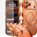3 in 1 for iPhone 17 Pro Case with 360 Spin Magnetic Stand, 1X DIY Glitter Cardstock +1X Screen Protector, [Fit for Magsafe]Cute Wavy Trendy Glossy Clear Phone Cover for Women Girls 6.3Inch, Orange