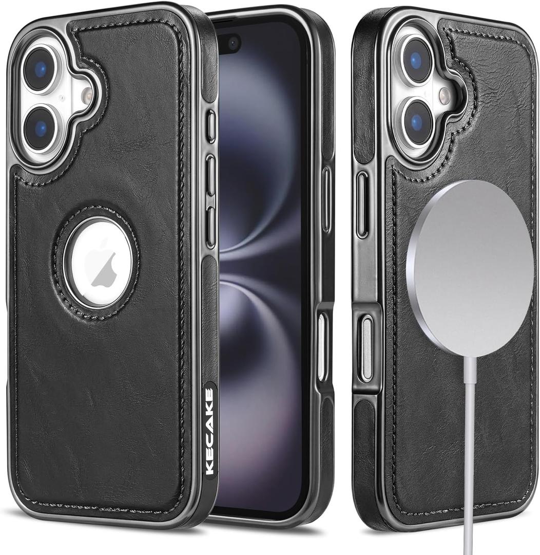 KECAKE for iPhone 16 6.1 Inch Case Luxury Leather Logo Visible Vintage Ultra Slim Protective Cover (Black with Black Trim)
