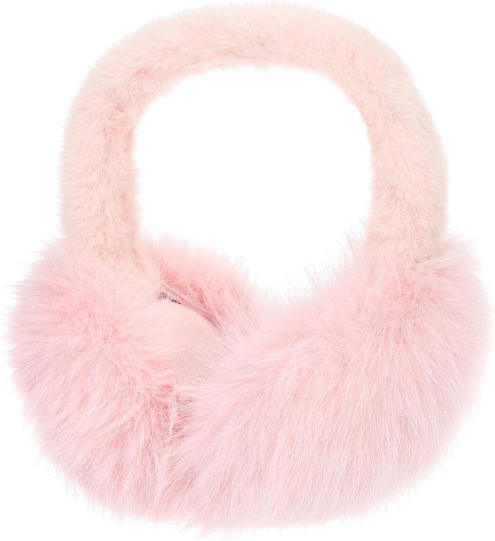 LA CARRIE Unisex Winter Foldable Earmuffs Plush Faux Fur Ear Muffs Outdoor Cold Weather Ear Warmers for Women and Men (Pink Long Fur)
